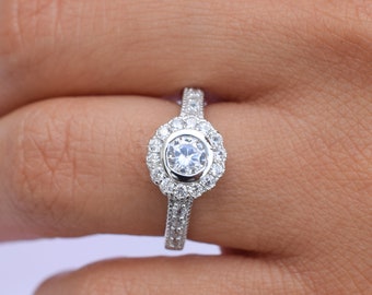 0.75 ct Silver Halo Ring, Unique Engagement Ring, Promise Ring, Wedding Ring, Bridal Ring, Man Made Diamond Simulants, Diamond Ring