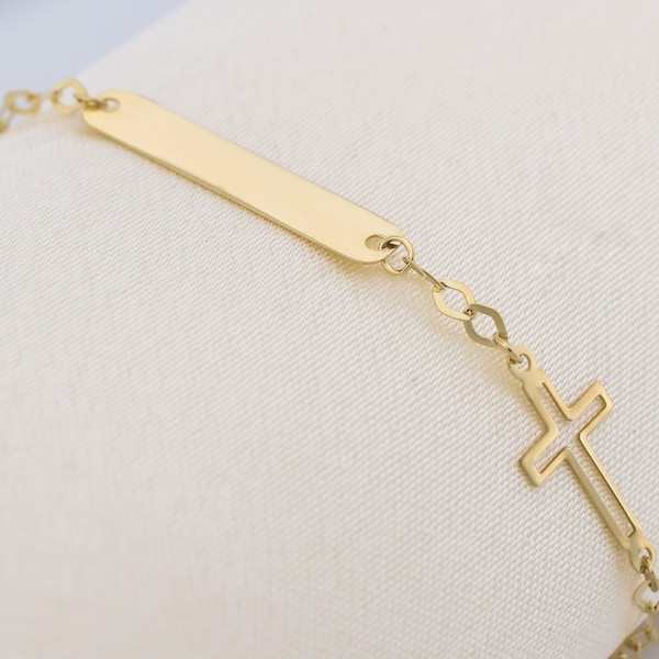 14k Solid Gold Baby Custom ID Bracelet Cross / Baby Shower Gifts / Toddler Child Bracelet for Kid / Custom Baby Name Engrave / Baptize Gift