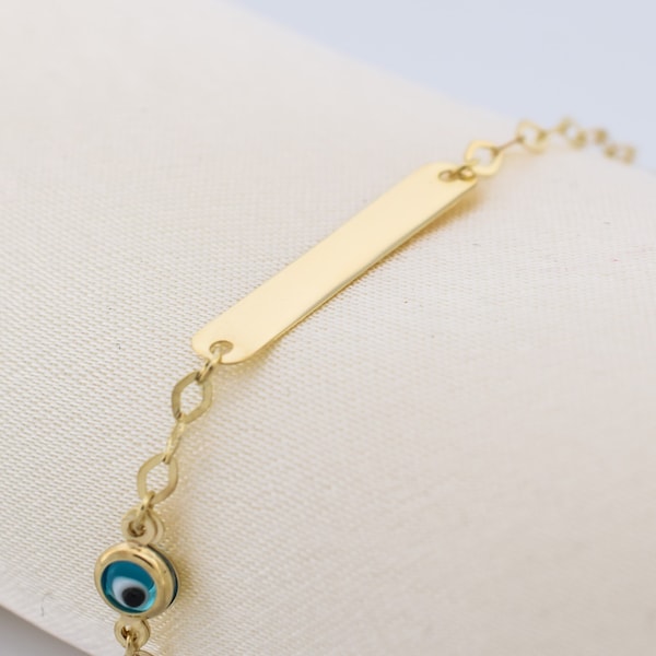 14k Solid Gold Baby Engraving ID Bracelet With Evil Eye Charm / Custom Personalizable Bar Bracelet / Baby Gifts / Custom Baby Name Engrave