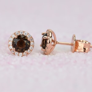 Natürliche Rauchquarz Ohrringe, Schwarz Braun Ohrstecker, Silber Hochzeit Ohrringe, Halo Ohrringe, Rauchquarz Ohrstecker, Geschenk für sie