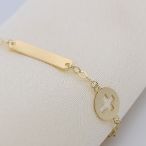 14k Solid Gold Baby Engraved ID Bracelet Cross / Baby Shower Gifts / Toddler Child Bracelet for Kids /Custom Baby Name Engrave /Baptize Gift