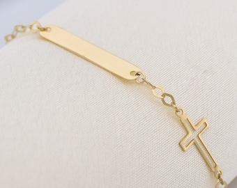 14k Solid Gold Baby Custom ID Bracelet Cross / Baby Shower Gifts / Toddler Child Bracelet for Kid / Custom Baby Name Engrave / Baptize Gift