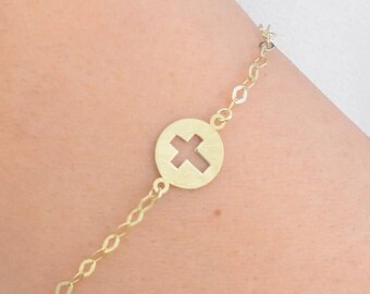 14k Solid Gold Baby Bracelet With Cross Charm / Adjustable Toddler Child Bracelet for Kids / Protection Bracelet / Baby Shower Gift /Baptize