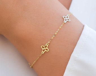 14k Solid Gold Flowers Charm Bracelet, Gold Flower Bracelet, Flower Pendant, Minimalistic Bracelet, 14k Delicate Bracelet, Gift For Her