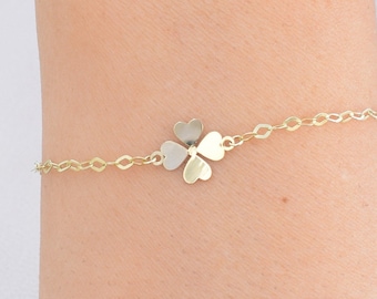 Pulsera de trébol de oro macizo de 14 k, regalo irlandés, amuleto minimalista de la suerte, trébol de cuatro hojas, regalo para ella