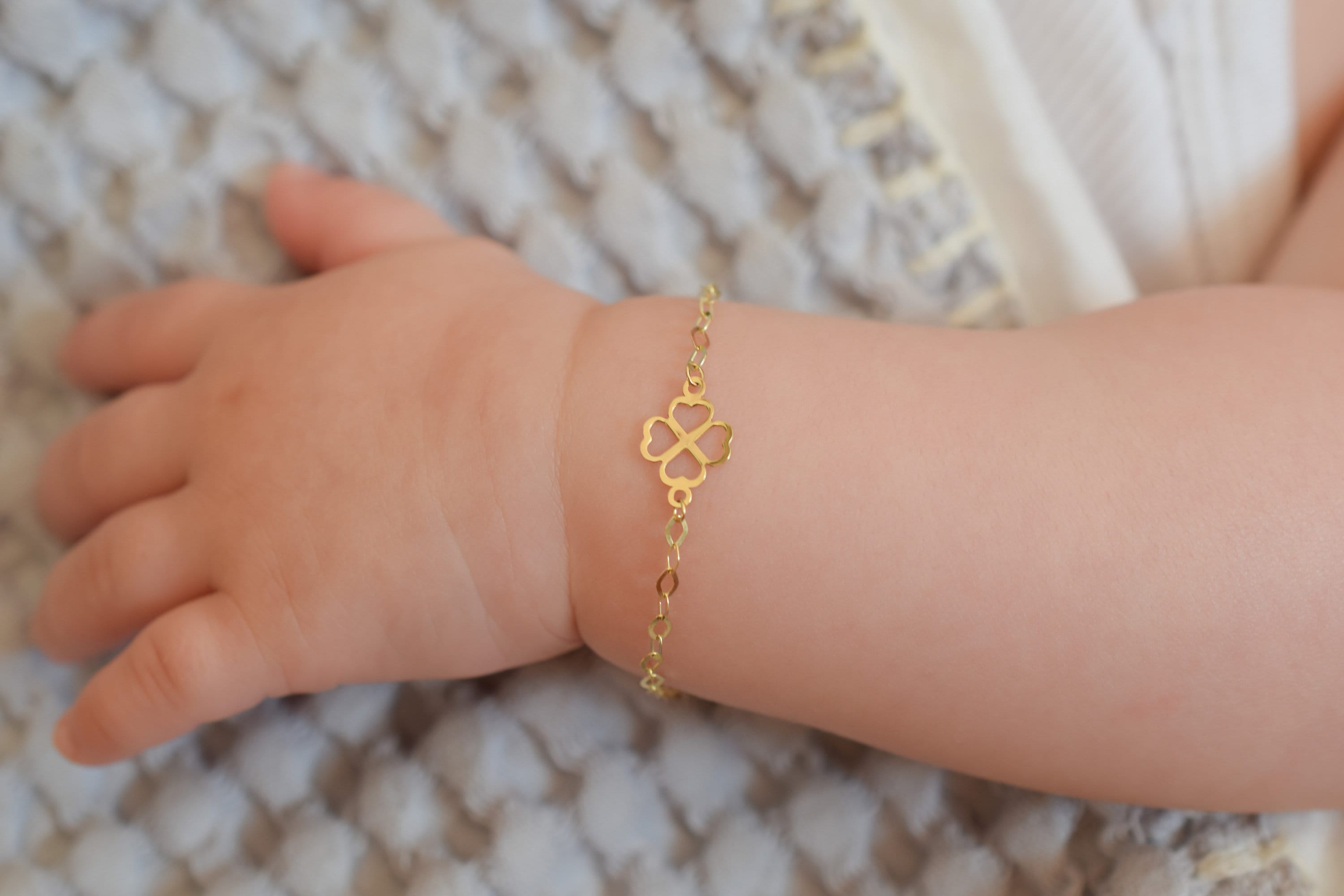 14K Solid Gold Baby Bracelet with Clover Charm / Adjustable Toddler Child Bracelet for Kids / Four Leaf Clover Pendant / Baby Shower Gifts