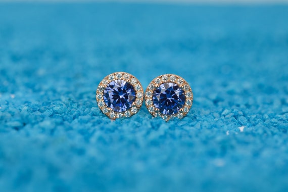 1.5ct 18k Rose Gold Tanzanite Earrings Purple Stud Earrings Halo