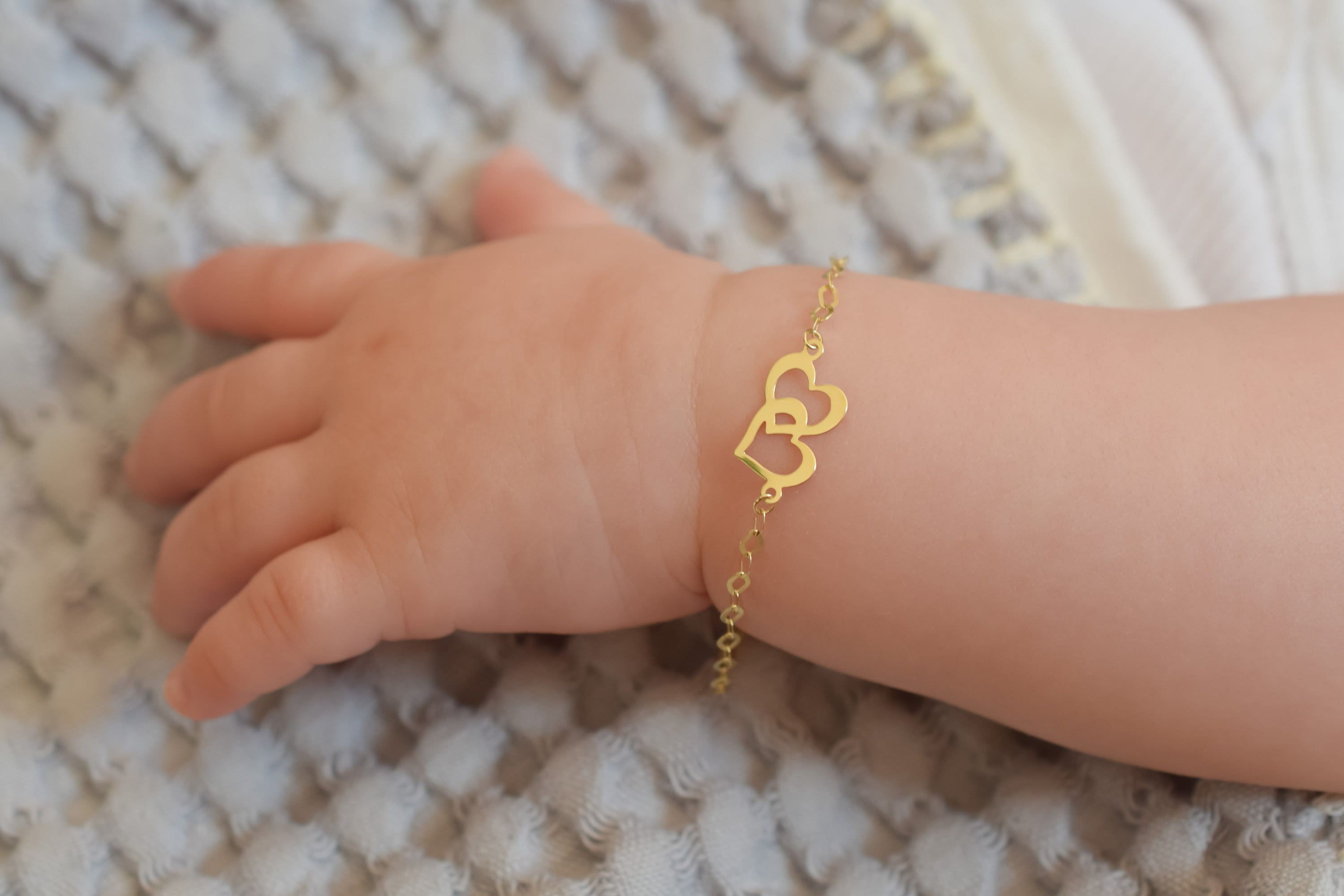 14k Solid Gold Baby Bracelet With Double Heart Charm / Adjustable Toddler Child Bracelet for Kids / Baby Shower Gifts / Baptize Gift