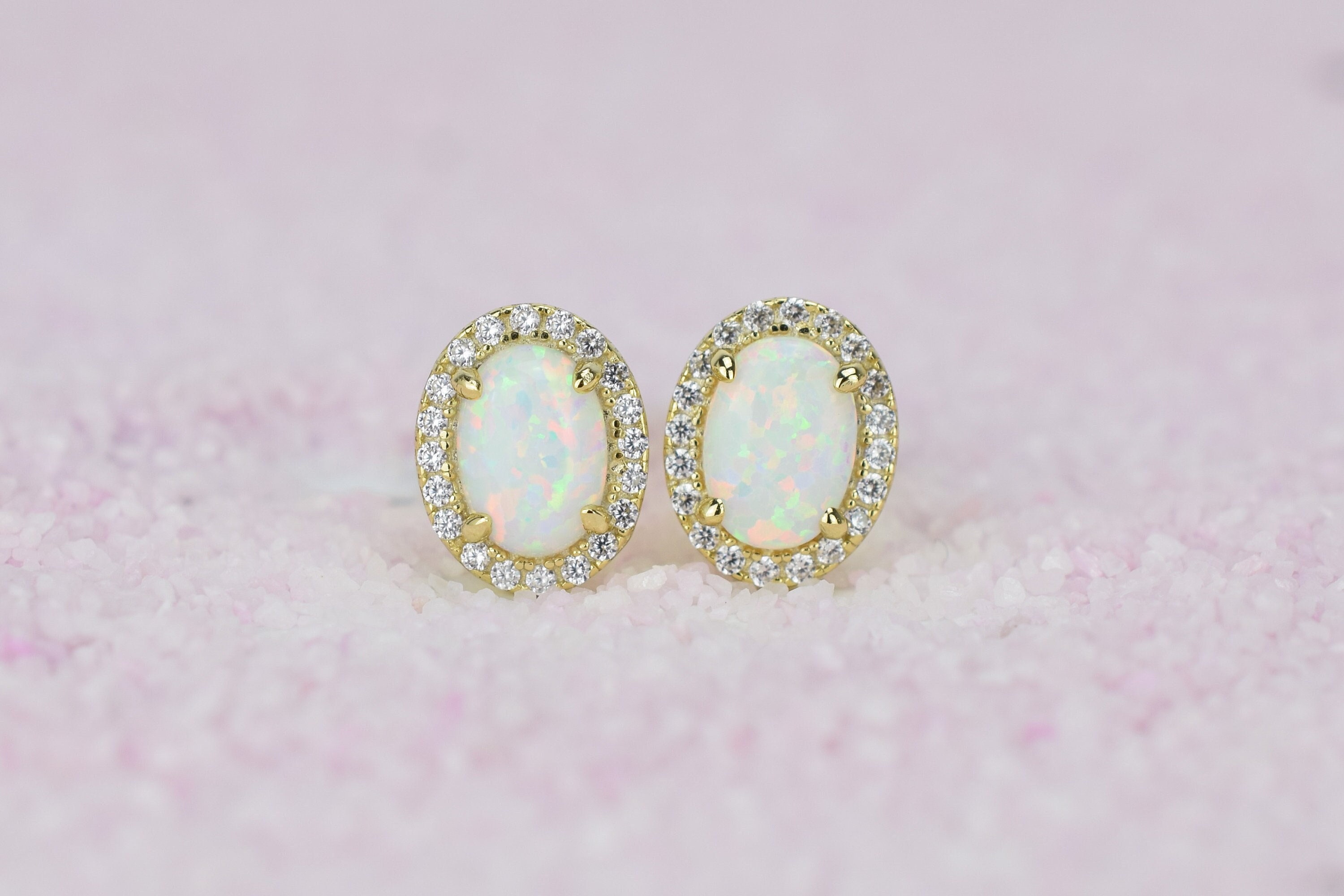 2 ct 18k Gold Oval Opal Earrings, Halo Earrings, Wedding Earrings, October Birthstone, Opal Jewelry, Bridesmaids gift, Men's Earrings