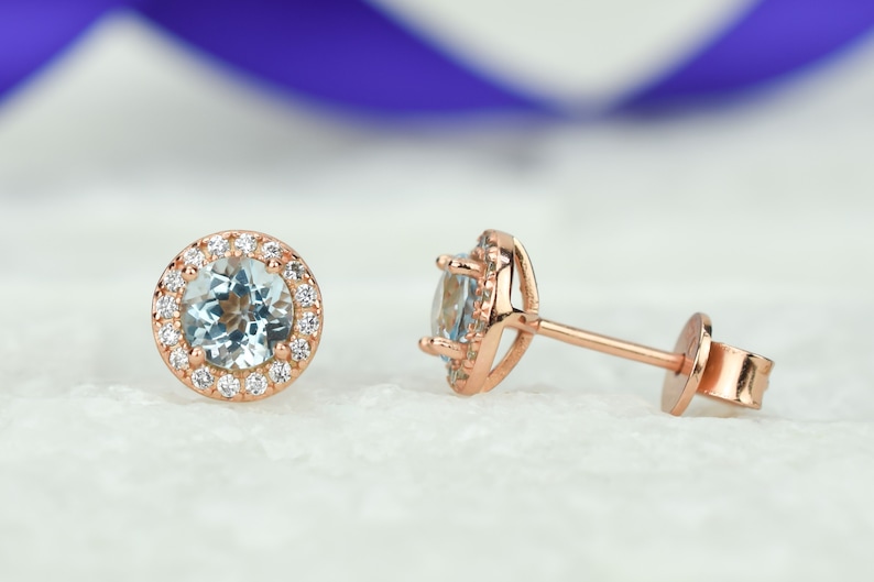Bridal Earrings,December Birthstone 1.4 ct 18k Rose Natural Topaz Halo Earrings Blue Stud Earrings,Topaz Earrings,Gemstone Earrings,Round