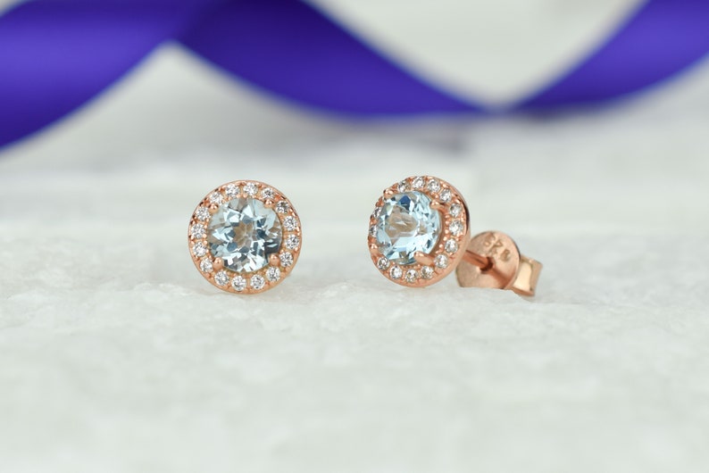 Bridal Earrings,December Birthstone 1.4 ct 18k Rose Natural Topaz Halo Earrings Blue Stud Earrings,Topaz Earrings,Gemstone Earrings,Round