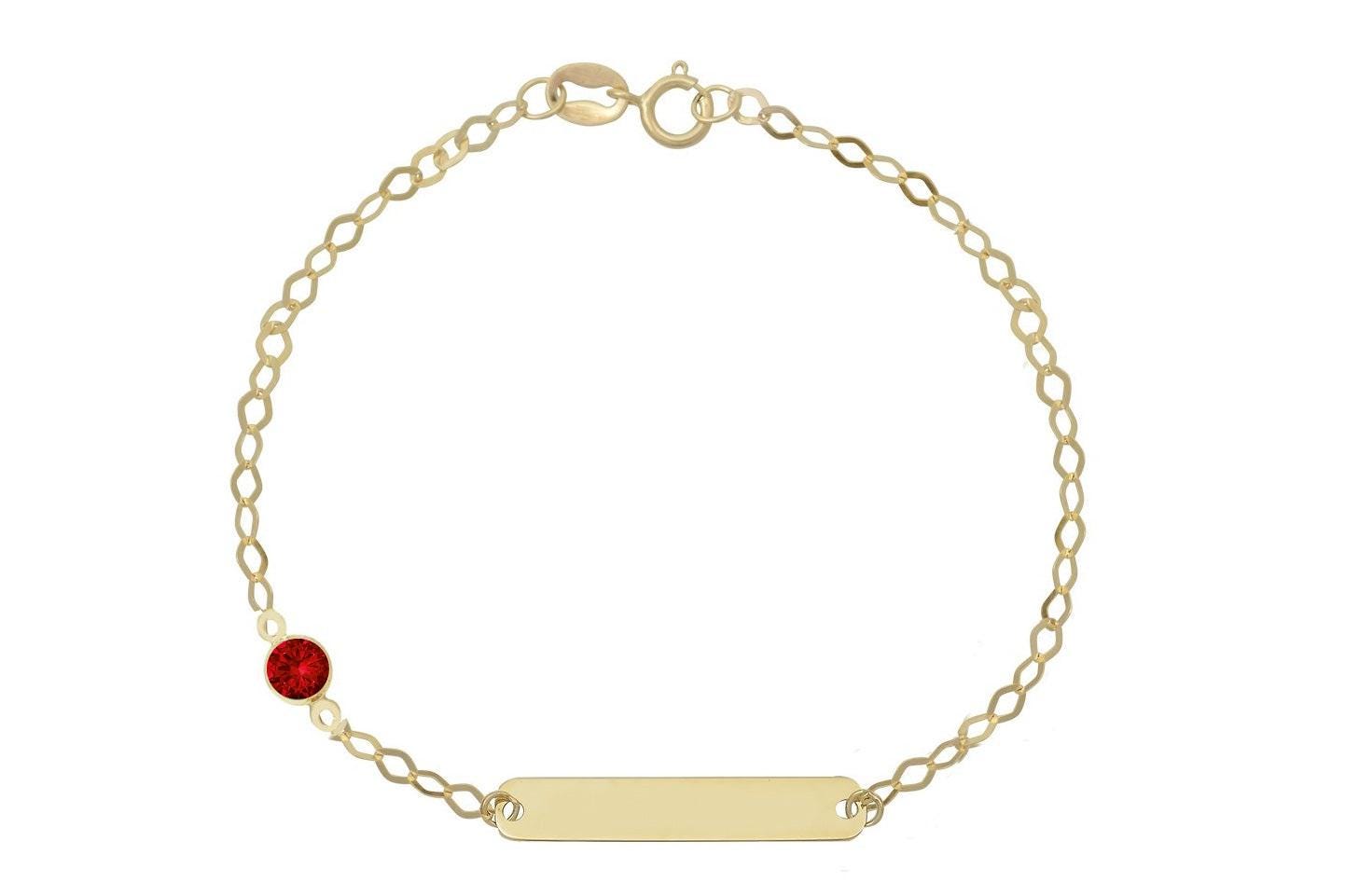 14k Solid Gold Birthstone Baby Custom ID Bracelet Ruby / Baby Shower Gifts / Toddler Child Bracelet for Kids/Custom Name Engrave