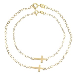 母娘 14K ソリッドゴールド クロスブレスレット / 母子ブレスレットセット / お揃いブレスレット / 洗礼ギフト / 姉妹ブレスレット / 友達