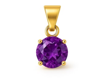 May include: A gold pendant featuring a round, faceted, deep purple gemstone. The gemstone is held in place by four small gold prongs. The pendant has a simple gold bail for a chain.