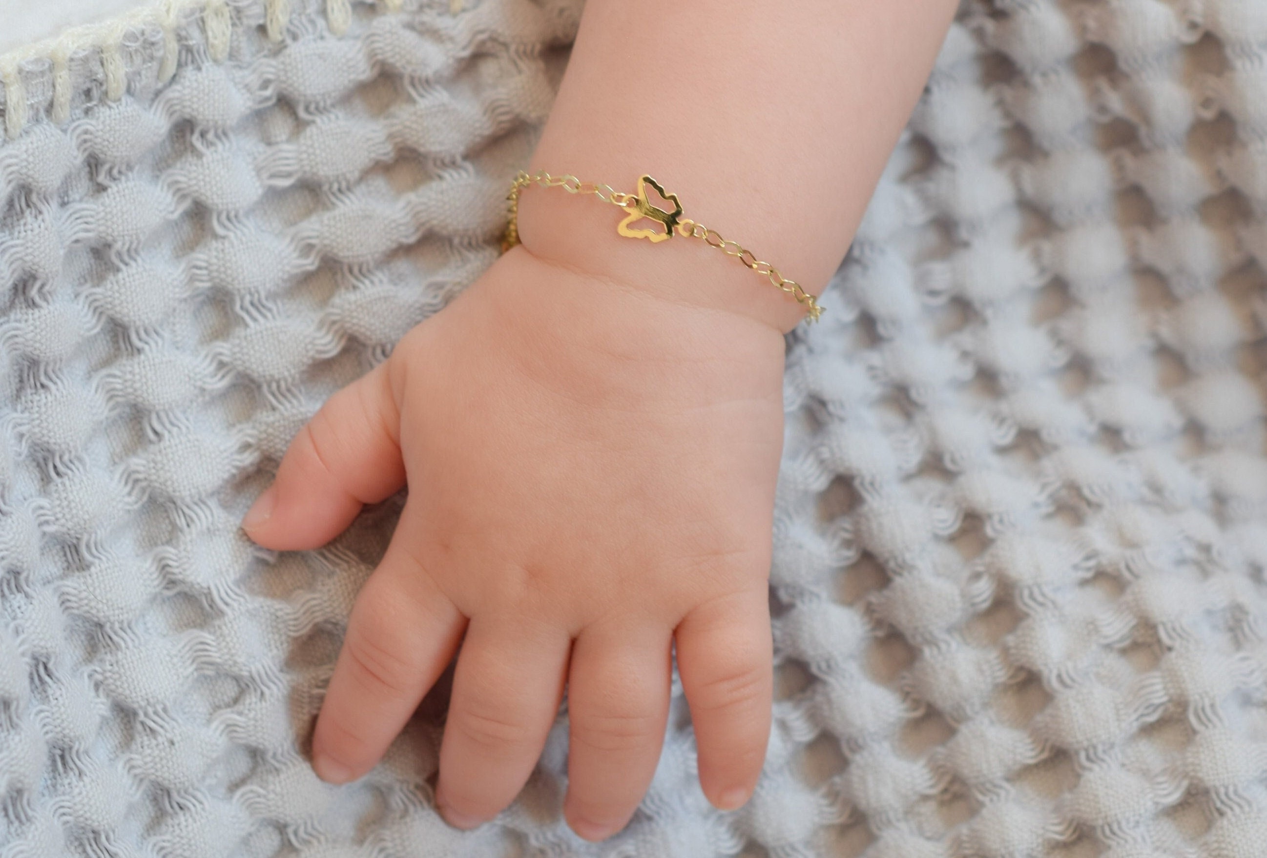 14k Solid Gold Baby Bracelet With Clover Charm / Adjustable -  Israel