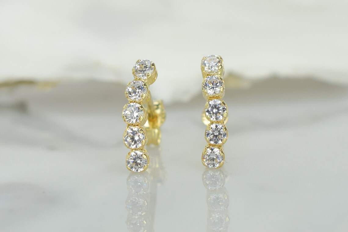 14k Solid Gold Tennis Earrings Cluster Earrings Dainty Chain Etsy