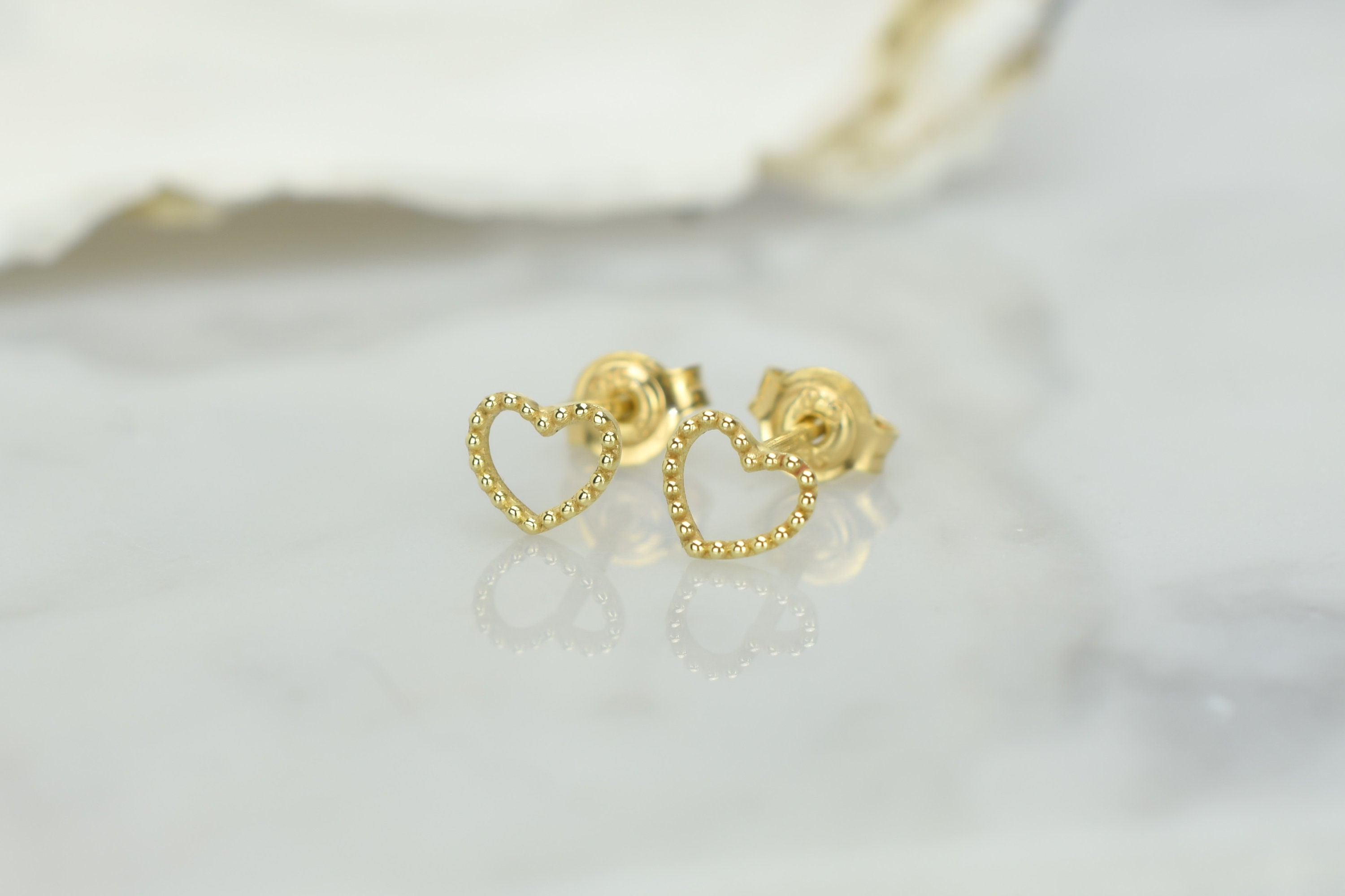 14k Gold Small Dot Heart Earrings, Gold Heart Earrings