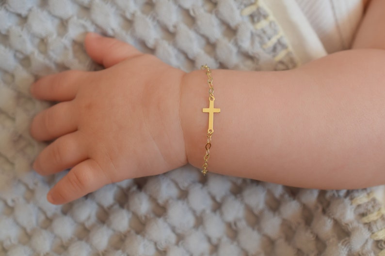 14k Solid Gold Baby Bracelet Cross, Gifts for Baby, Baby Shower Gifts, Adjustable Toddler Child Bracelet for Kid, Children Cross Pendant