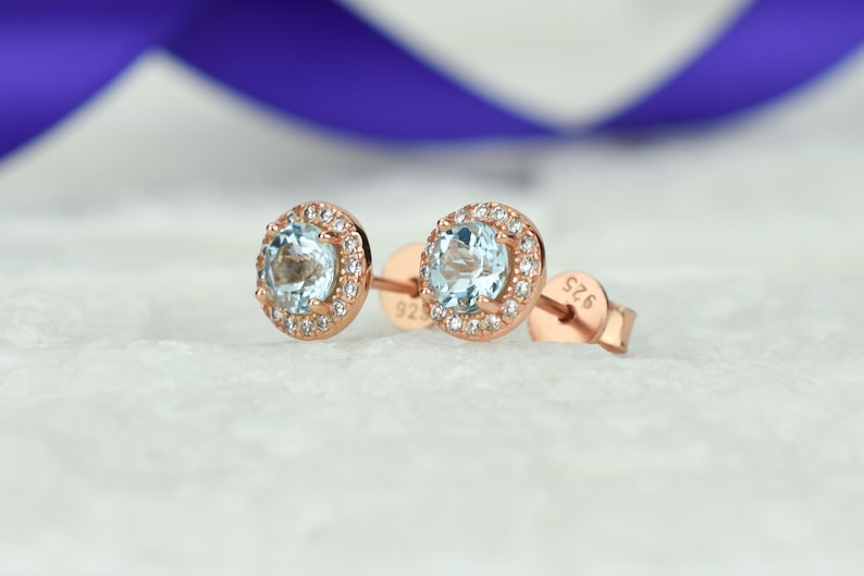 Bridal Earrings,December Birthstone 1.4 ct 18k Rose Natural Topaz Halo Earrings Blue Stud Earrings,Topaz Earrings,Gemstone Earrings,Round