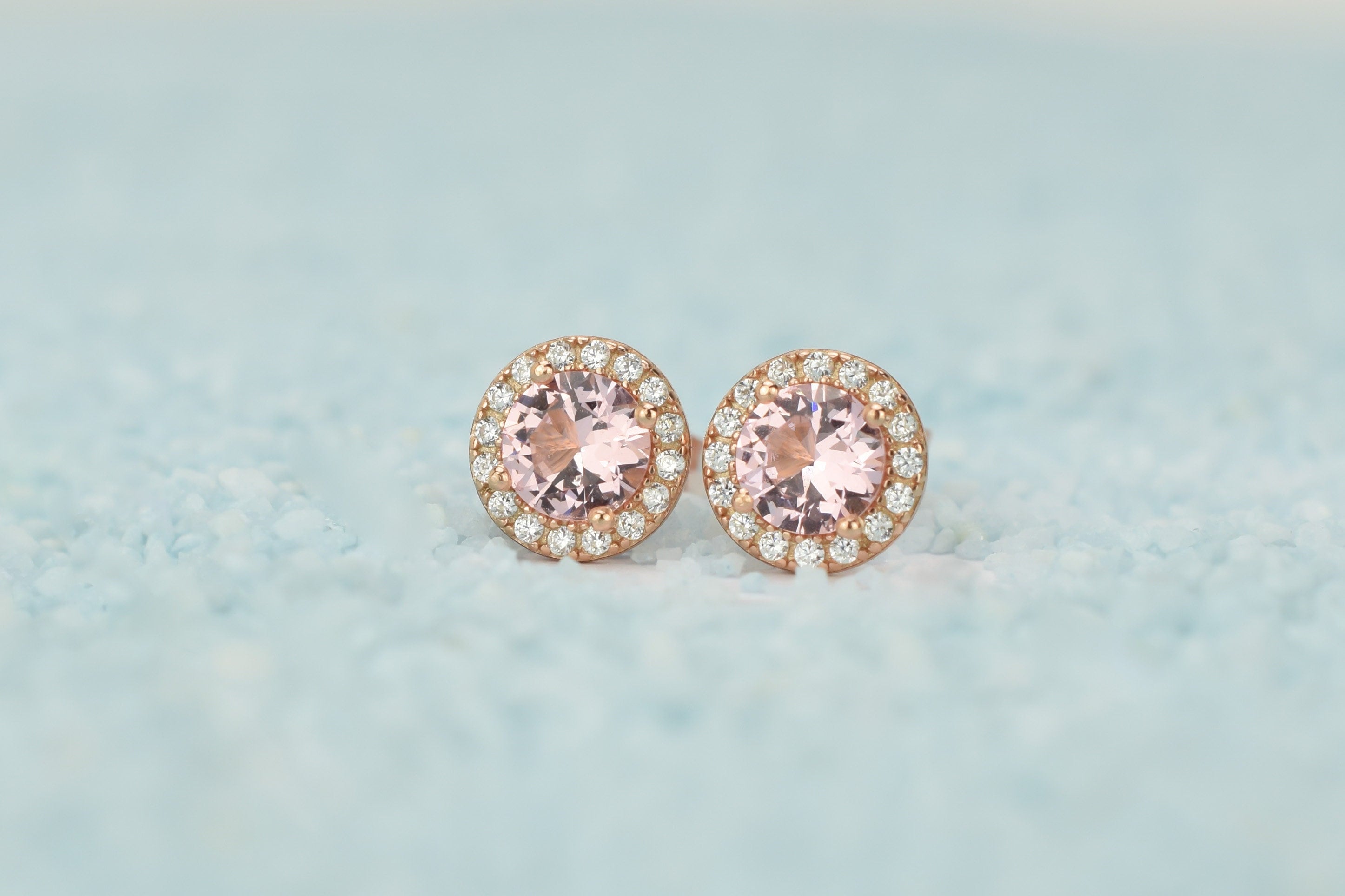 1.5ct 18k Gold Morganite Earrings, Pink Stud Earrings, Halo Earrings,Morganite Studs, Bridal Earrings, Dainty Earring