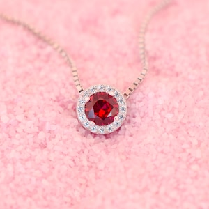 Peut inclure: Un collier en argent avec un pendentif en pierre rouge entouré d'un halo de petites pierres claires.