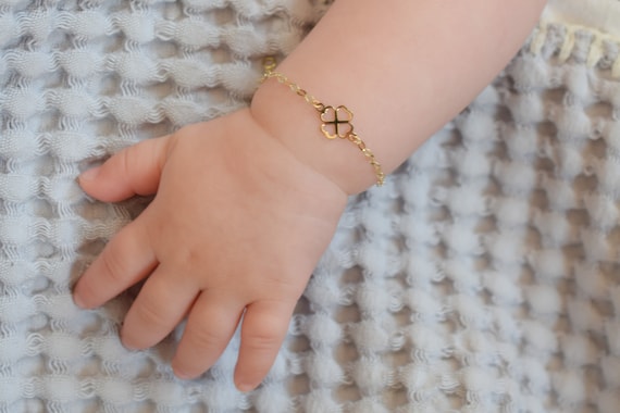 14K Solid Gold Baby Bracelet with Clover Charm / Adjustable Toddler Child Bracelet for Kids / Four Leaf Clover Pendant / Baby Shower Gifts