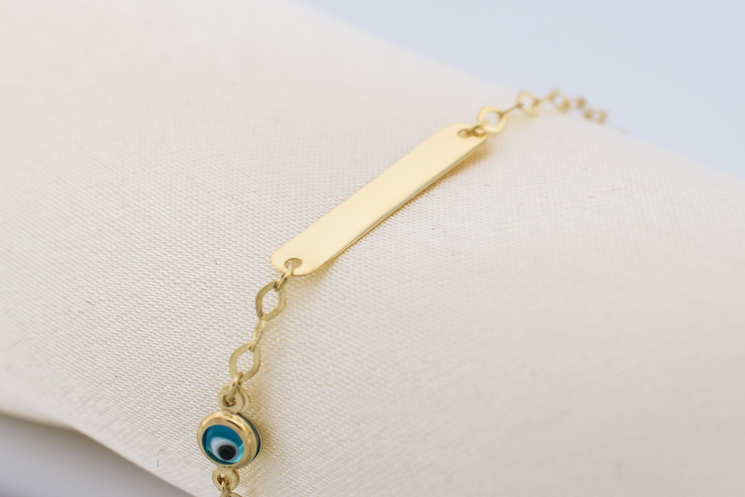 14k Solid Gold Baby Engraving ID Bracelet With Evil Eye Charm / Custom Personalizable Bar Bracelet / Baby Gifts / Custom Baby Name Engrave