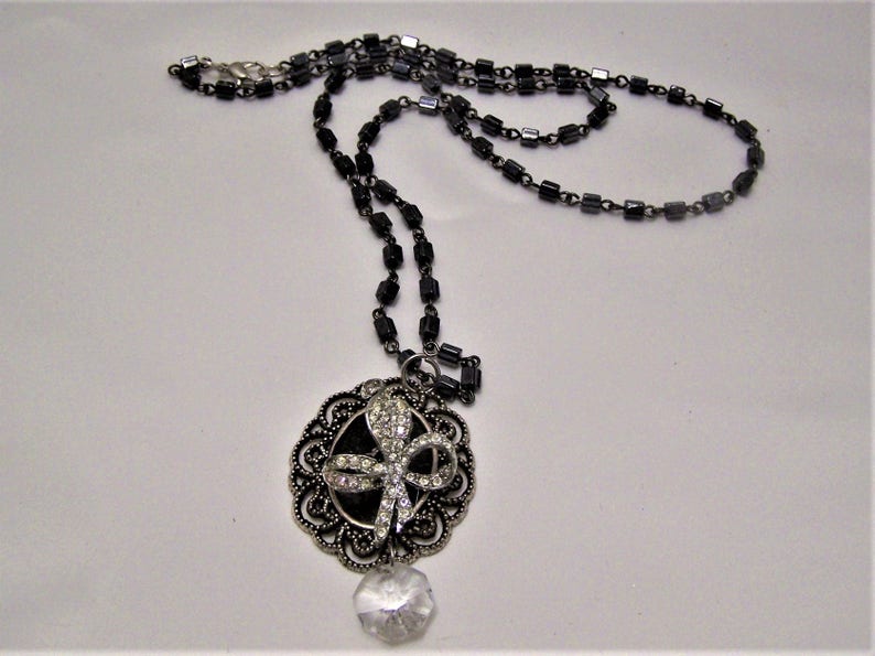 Repurposed Vintage and New Handmade Pendent Necklace in SilvertonePewter