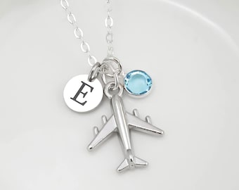 Silver Airplane Necklace - Personalized Silver Plane Charm Necklace - Travel Necklace - Monogram Personalized Initial and Birthstone
