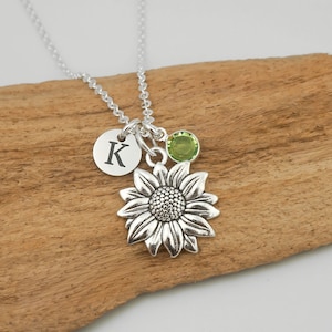 Personalized Sunflower Necklace - Sun Flower Necklace - Antique Silver Jewelry - Monogram Initial and Birthstone - Made in Canada