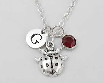 Ladybug Necklace - Antique Silver Insect Necklace - Monogram Personalized Initial and Birthstone