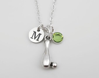 Bowling Pin Necklace - Antique Silver Bowling Jewelry - Monogram Personalized Initial and Birthstone