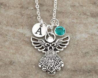 Angel Necklace - Memorial Jewelry - Personalized Initial or Name Charm, and Birthstone, Spiritual Gifts