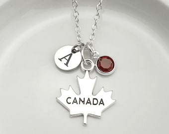 Canada Maple Leaf Necklace - Personalized Initial and Birthstone - Antique Silver Canadian Maple Leaf Jewelry - Canada Gifts