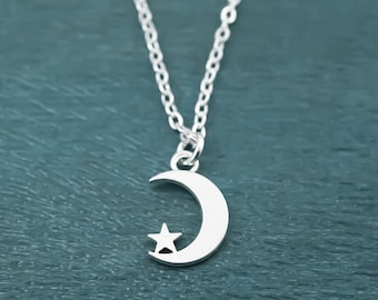 Star and Moon Necklace - Reversible Crescent Moon Charm - Antique Silver Jewelry
