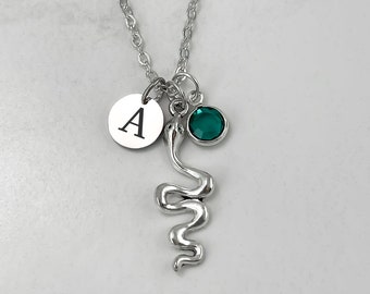 Personalized Snake Necklace - Antique Silver Snake Jewelry - Birthstone and Initial Charm - Slytherin Necklace - Serpent Necklace