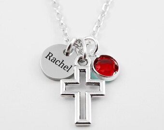 Personalized Christian Cross Necklace - Custom Name or Initial Charm - Antique Silver Religious Faith Jewelry - Handcrafted in Canada