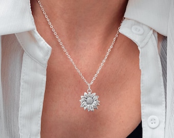 Sunflower Necklace: Antique Silver Floral Charm Jewelry
