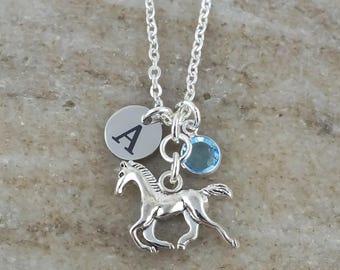 Horse Necklace - Antique Silver Horse Charm Necklace - Monogram Initial and Birthstone - Personalized Horse Jewelry - Horse Gifts