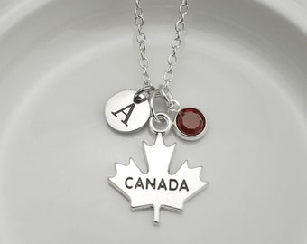 Canada Maple Leaf Necklace - Personalized Initial and Birthstone - Antique Silver Jewelry - Canadian Maple Leaf Necklace - Canada Gifts