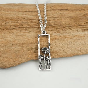 Antique Silver Mushroom Necklace - Rectangle Cottagecore Toadstool Pendant