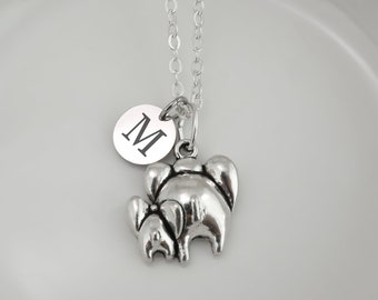 Mom and Baby Elephant Necklace - Antique Silver Elephant Family Pendant - Elephants Backside Charm - Personalized Monogram Initial Necklace