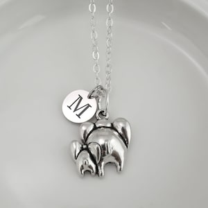 Mom and Baby Elephant Necklace - Antique Silver Elephant Family Pendant - Elephants Backside Charm - Personalized Monogram Initial Necklace