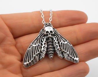 Large Deaths' Head Hawk Moth Necklace or Keychain - Antique Silver Insect Charm Pendant, Goth Jewelry
