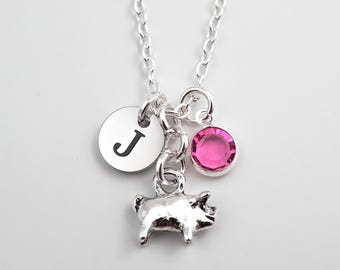Personalized Pig Necklace - Antique Silver Jewelry or Keychain - Initial and Birthstone Charms - Made in Canada