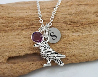 Personalized Crow Necklace - Raven Necklace - Custom Monogram Initial and Birthstone Necklace - Bird Jewelry