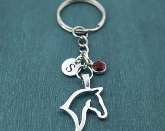 Horse Keychain: Antique Silver Horse Head Charm, Personalized Initial and Birthstone