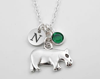 Hippo Necklace - Personalized Initial and Birthstone Charm - Antique Silver Hippopotamus Jewelry
