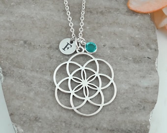 Flower of Life Necklace - Personalized Sacred Geometry Necklace with Initial and Birthstone - Flower of Life Keychain - Spiritual Jewelry