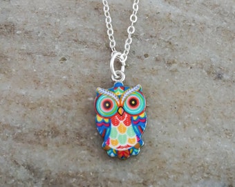 Owl Necklace - Colorful Owl Charm - Vibrant Colored Owl Pendant - Antique Silver Toned and Enamel Jewelry